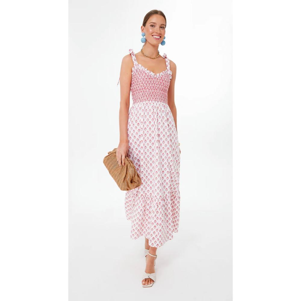 Pink City Prints Rose Meadow Red Block Jessica Maxi Dress Smocked Tuckernuck M View 3